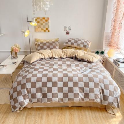 珺柔 2022新款提花格子牛奶绒四件套 深咖格子