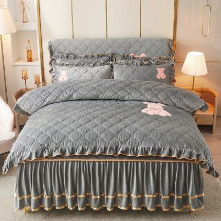 屹成家纺 2024新款亲肤水晶绒夹棉床裙四件套-小熊款 银灰