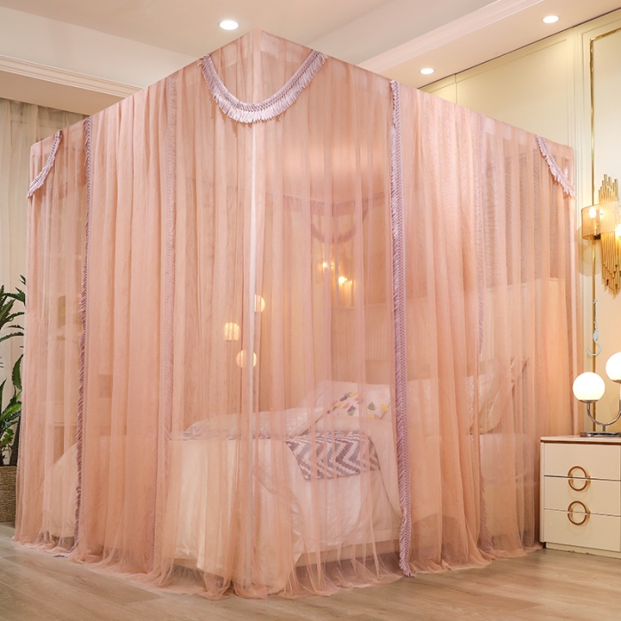 91家纺网 家纺一手货源 找家纺 艾晶美 2022新款公主风流苏款遮光床幔落地床帘蚊帐 浅奶咖