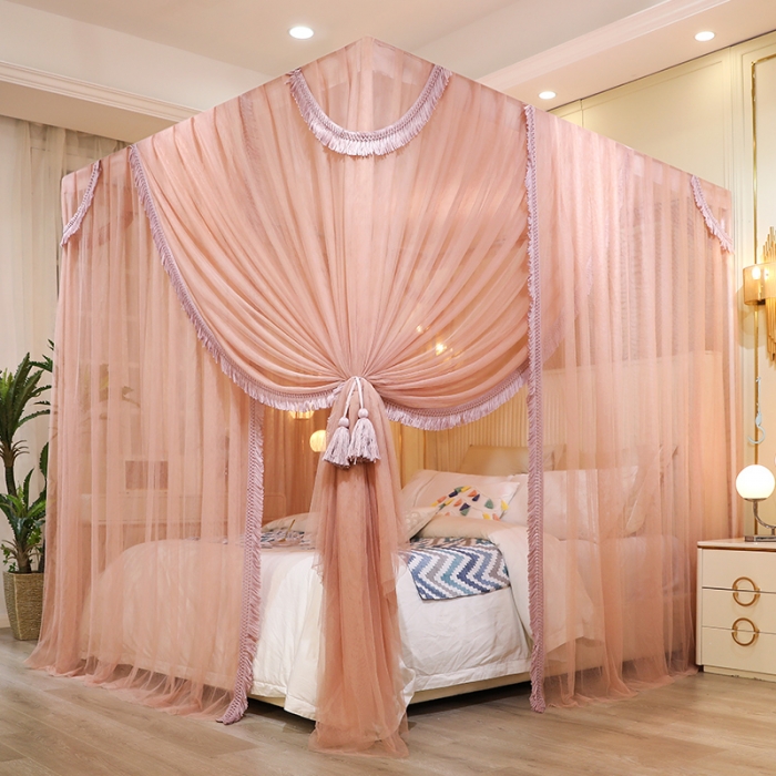 91家纺网 家纺一手货源 找家纺 艾晶美 2022新款公主风流苏款遮光床幔落地床帘蚊帐 浅奶咖