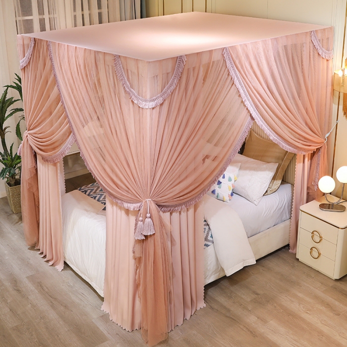 91家纺网 家纺一手货源 找家纺 艾晶美 2022新款公主风流苏款遮光床幔落地床帘蚊帐 浅奶咖