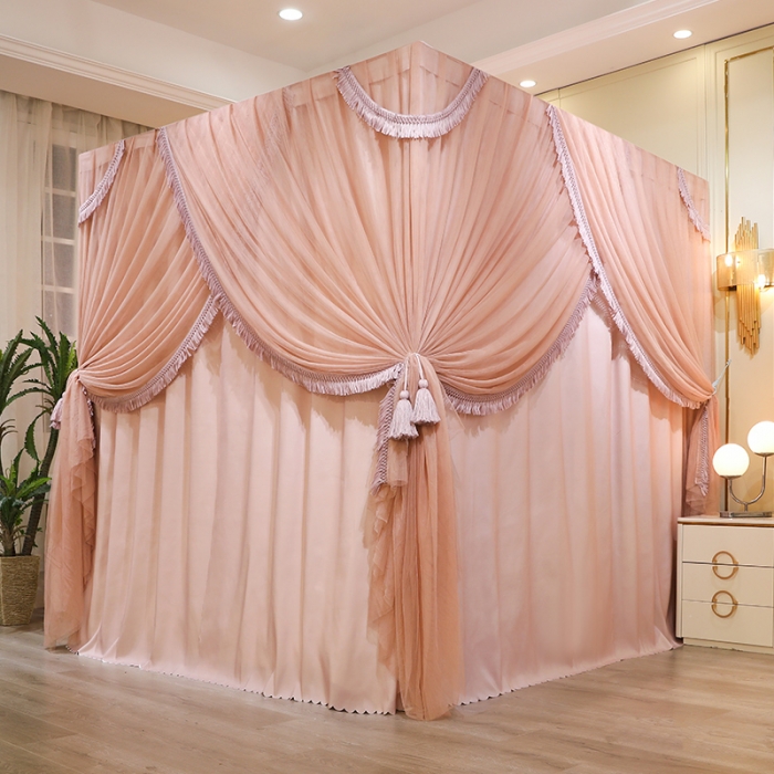 91家纺网 家纺一手货源 找家纺 艾晶美 2022新款公主风流苏款遮光床幔落地床帘蚊帐 浅奶咖