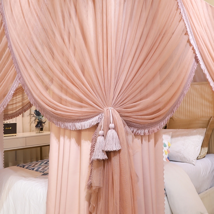 91家纺网 家纺一手货源 找家纺 艾晶美 2022新款公主风流苏款遮光床幔落地床帘蚊帐 浅奶咖