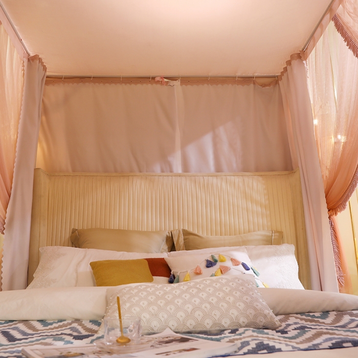 91家纺网 家纺一手货源 找家纺 艾晶美 2022新款公主风流苏款遮光床幔落地床帘蚊帐 浅奶咖