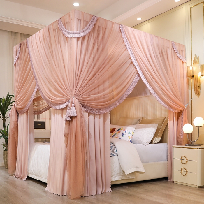 91家纺网 家纺一手货源 找家纺 艾晶美 2022新款公主风流苏款遮光床幔落地床帘蚊帐 浅奶咖