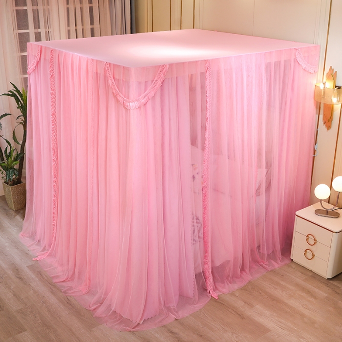 91家纺网 家纺一手货源 找家纺 艾晶美 2022新款公主风流苏款遮光床幔落地床帘蚊帐 温柔粉