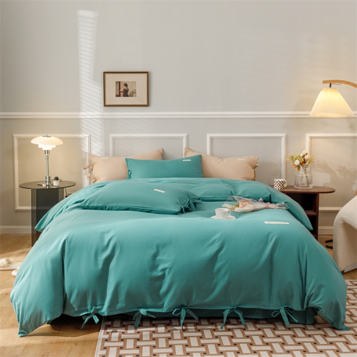 91家纺网 家纺一手货源 找家纺 秀色家纺 2025新款简约纯色60支加厚保暖全棉磨毛四件套 简兮-豆绿