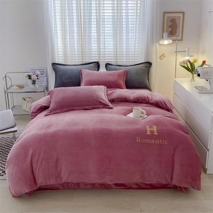 爱洛 2022新款200克7.5斤纯色刺绣花牛奶绒四件套 牛奶绒-豆沙色