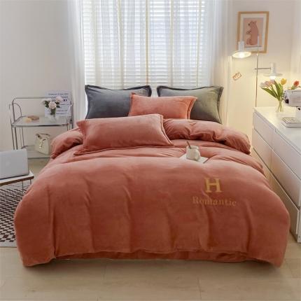 爱洛 2022新款200克7.5斤纯色刺绣花牛奶绒四件套 牛奶绒-活力橙