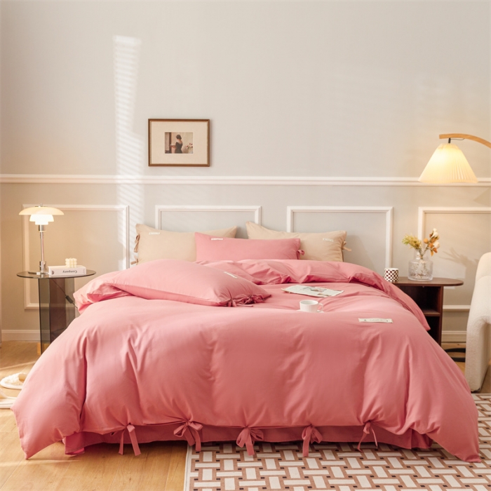 91家纺网 家纺一手货源 找家纺 秀色家纺 2025新款简约纯色60支加厚保暖全棉磨毛四件套 简兮-茜茜里红