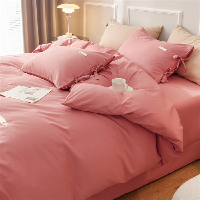 91家纺网 家纺一手货源 找家纺 秀色家纺 2025新款简约纯色60支加厚保暖全棉磨毛四件套 简兮-茜茜里红