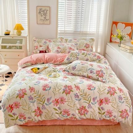 91家纺网 家纺一手货源 找家纺 佰亿莱 2024新款高克重印花牛奶绒四件套 粉妆