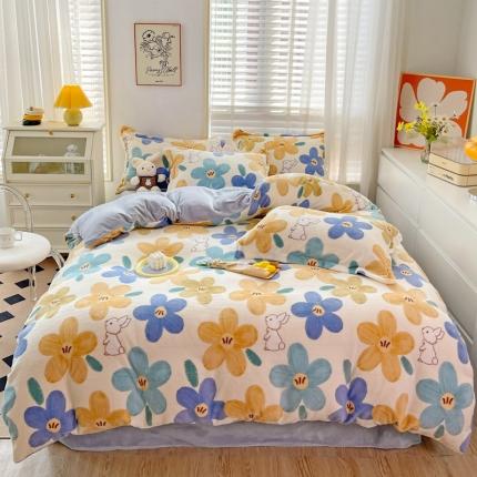 91家纺网 家纺一手货源 找家纺 佰亿莱 2024新款高克重印花牛奶绒四件套 欢乐兔