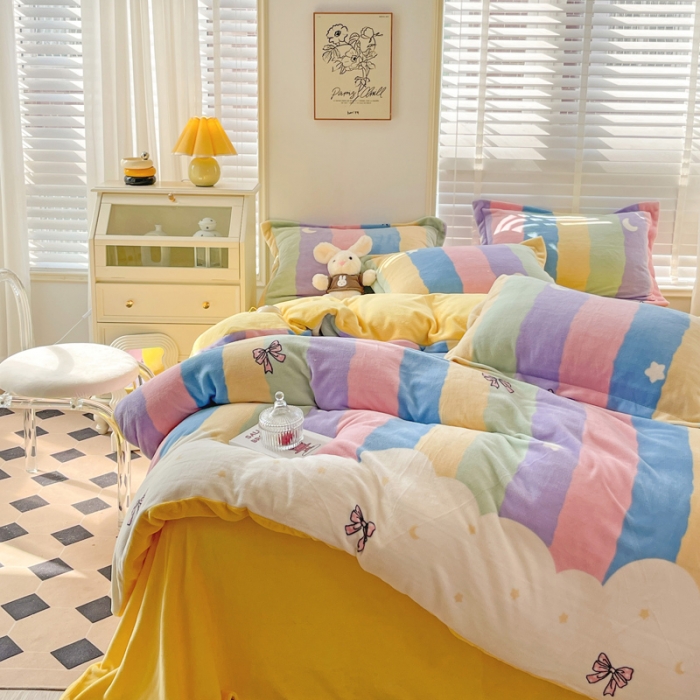 91家纺网 家纺一手货源 找家纺 佰亿莱 2024新款高克重印花牛奶绒四件套 彩虹蝴蝶结