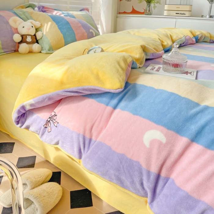 91家纺网 家纺一手货源 找家纺 佰亿莱 2024新款高克重印花牛奶绒四件套 彩虹蝴蝶结