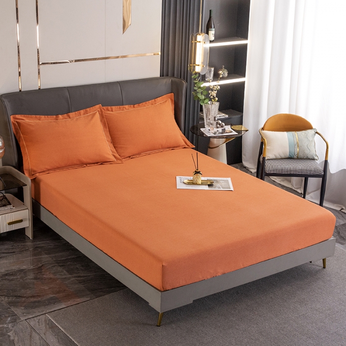 91家纺网 家纺一手货源 找家纺 纽缦 2022新款纯棉磨毛纯色床笠 爱马橙床笠