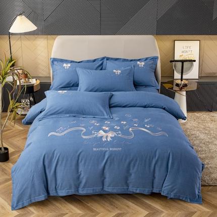 91家纺网 家纺一手货源 找家纺 纽缦 2022新款纯棉磨毛刺绣床单款四件套 蝶恋花-宝石蓝