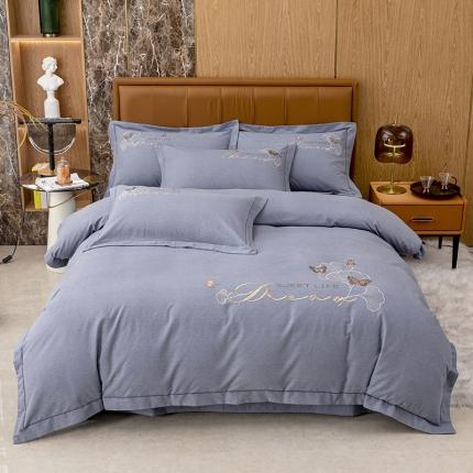 91家纺网 家纺一手货源 找家纺 纽缦 2022新款纯棉磨毛刺绣床单款四件套 锦园春-高级灰