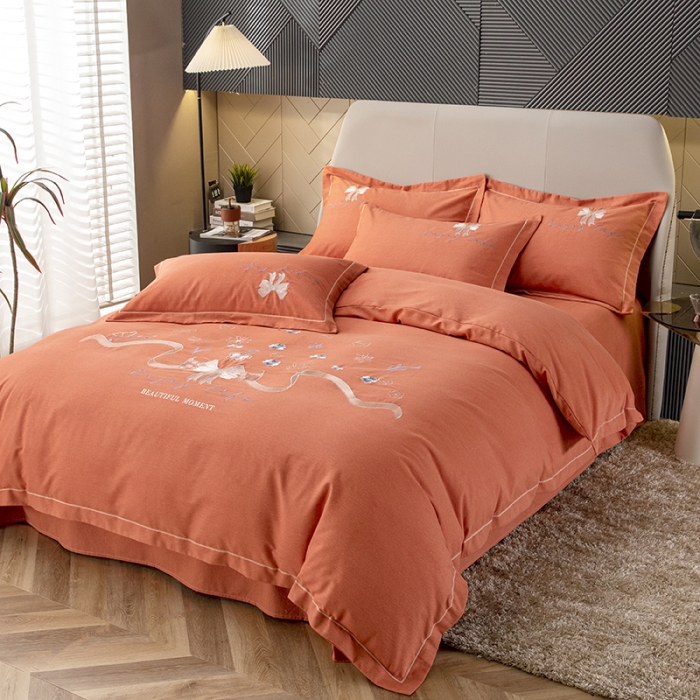 91家纺网 家纺一手货源 找家纺 纽缦 2022新款纯棉磨毛刺绣床单款四件套 蝶恋花-爱马橙