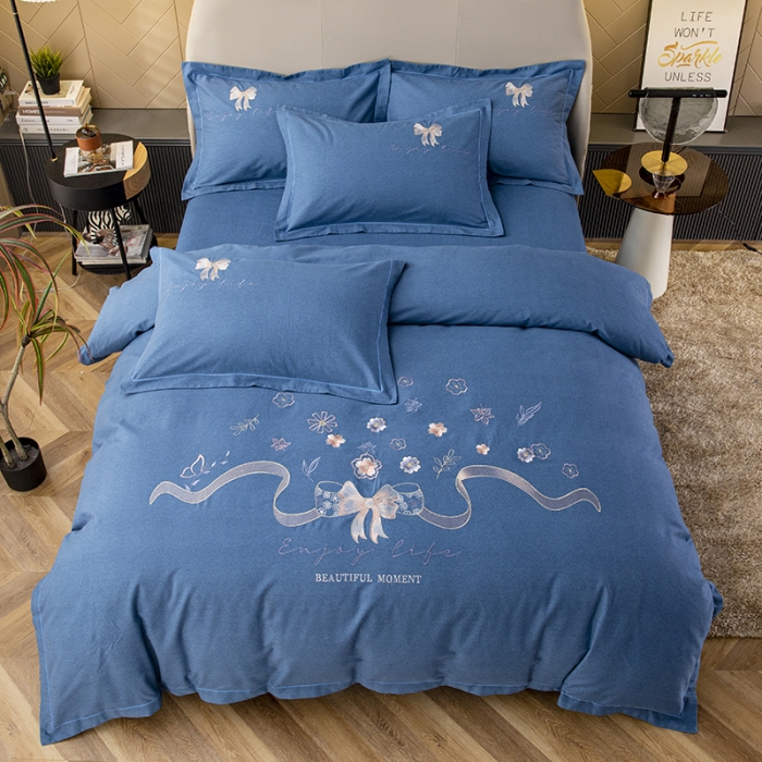 91家纺网 家纺一手货源 找家纺 纽缦 2022新款纯棉磨毛刺绣床单款四件套 蝶恋花-宝石蓝