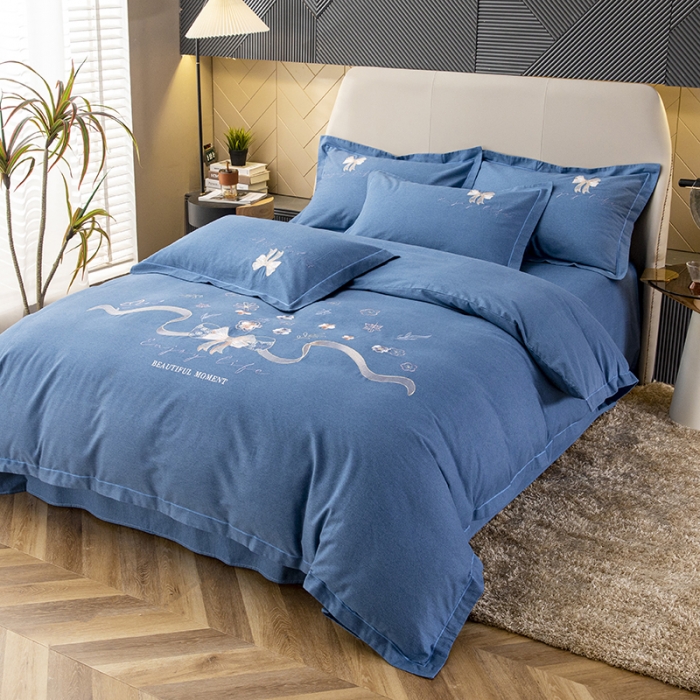 91家纺网 家纺一手货源 找家纺 纽缦 2022新款纯棉磨毛刺绣床单款四件套 蝶恋花-宝石蓝