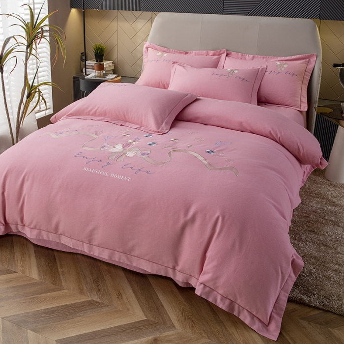 91家纺网 家纺一手货源 找家纺 纽缦 2022新款纯棉磨毛刺绣床单款四件套 蝶恋花-豆沙粉