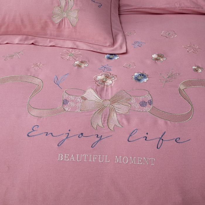 91家纺网 家纺一手货源 找家纺 纽缦 2022新款纯棉磨毛刺绣床单款四件套 蝶恋花-豆沙粉