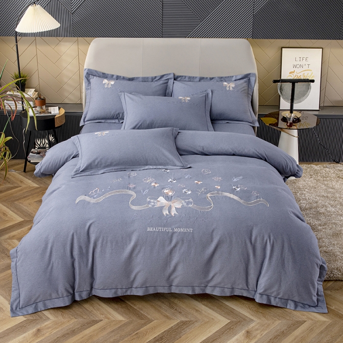 91家纺网 家纺一手货源 找家纺 纽缦 2022新款纯棉磨毛刺绣床单款四件套 蝶恋花-高级灰