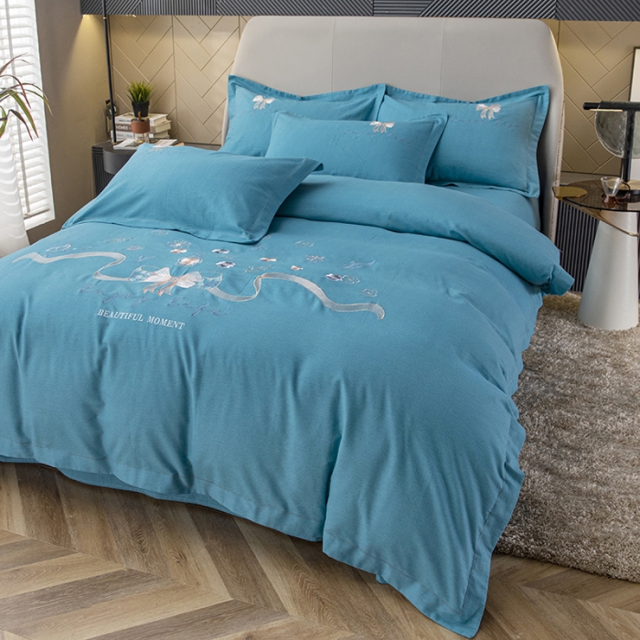 91家纺网 家纺一手货源 找家纺 纽缦 2022新款纯棉磨毛刺绣床单款四件套 蝶恋花-孔雀蓝