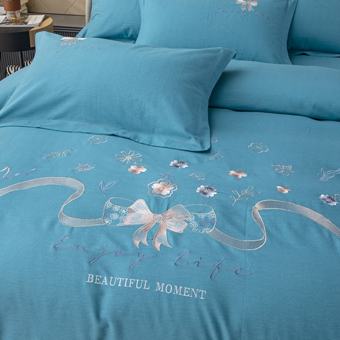 91家纺网 家纺一手货源 找家纺 纽缦 2022新款纯棉磨毛刺绣床单款四件套 蝶恋花-孔雀蓝