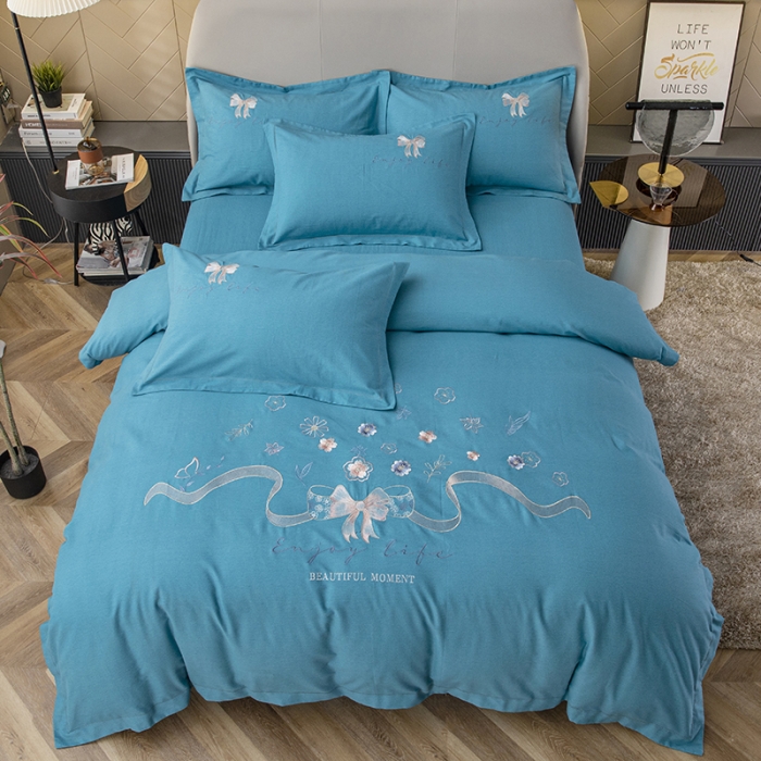 91家纺网 家纺一手货源 找家纺 纽缦 2022新款纯棉磨毛刺绣床单款四件套 蝶恋花-孔雀蓝