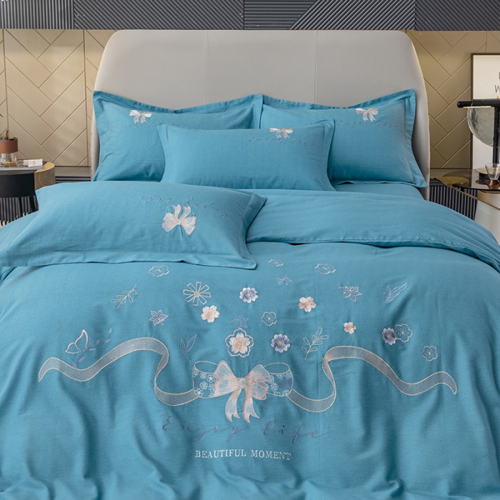 91家纺网 家纺一手货源 找家纺 纽缦 2022新款纯棉磨毛刺绣床单款四件套 蝶恋花-孔雀蓝