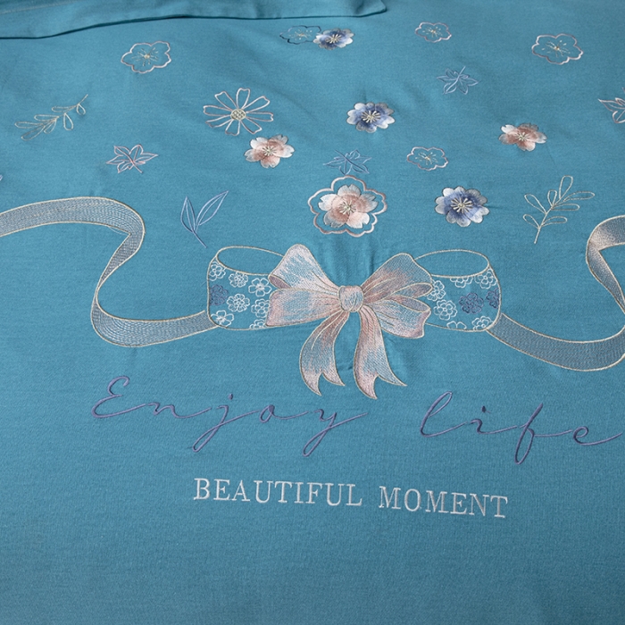 91家纺网 家纺一手货源 找家纺 纽缦 2022新款纯棉磨毛刺绣床单款四件套 蝶恋花-孔雀蓝