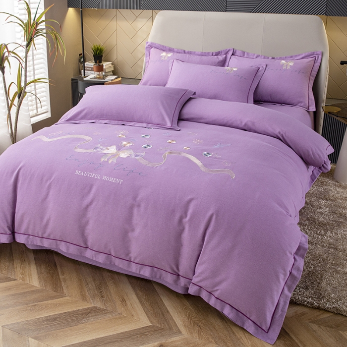 91家纺网 家纺一手货源 找家纺 纽缦 2022新款纯棉磨毛刺绣床单款四件套 蝶恋花-梦幻紫