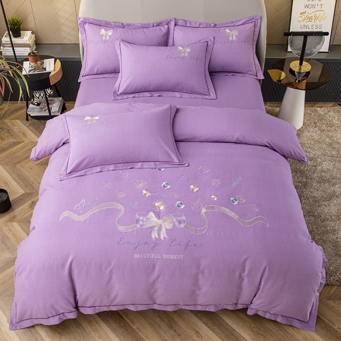91家纺网 家纺一手货源 找家纺 纽缦 2022新款纯棉磨毛刺绣床单款四件套 蝶恋花-梦幻紫