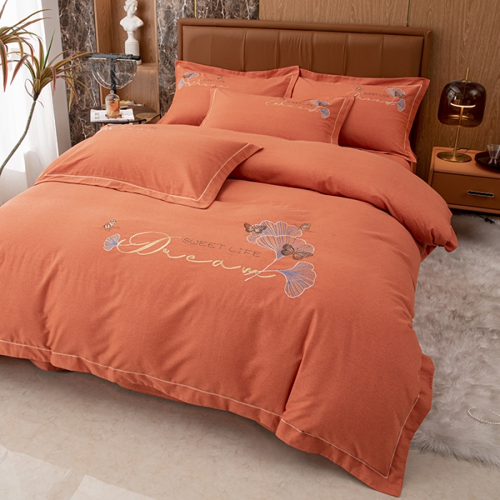 91家纺网 家纺一手货源 找家纺 纽缦 2022新款纯棉磨毛刺绣床单款四件套 锦园春-爱马橙