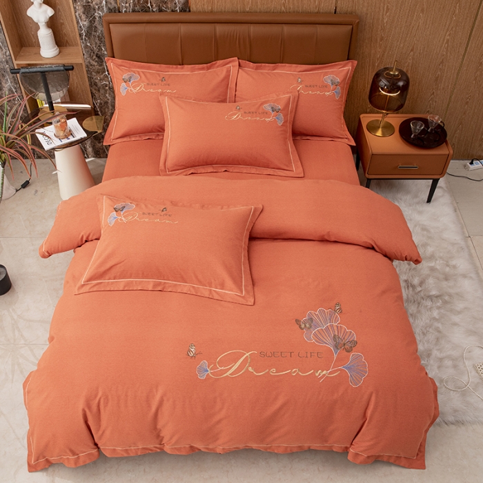 91家纺网 家纺一手货源 找家纺 纽缦 2022新款纯棉磨毛刺绣床单款四件套 锦园春-爱马橙