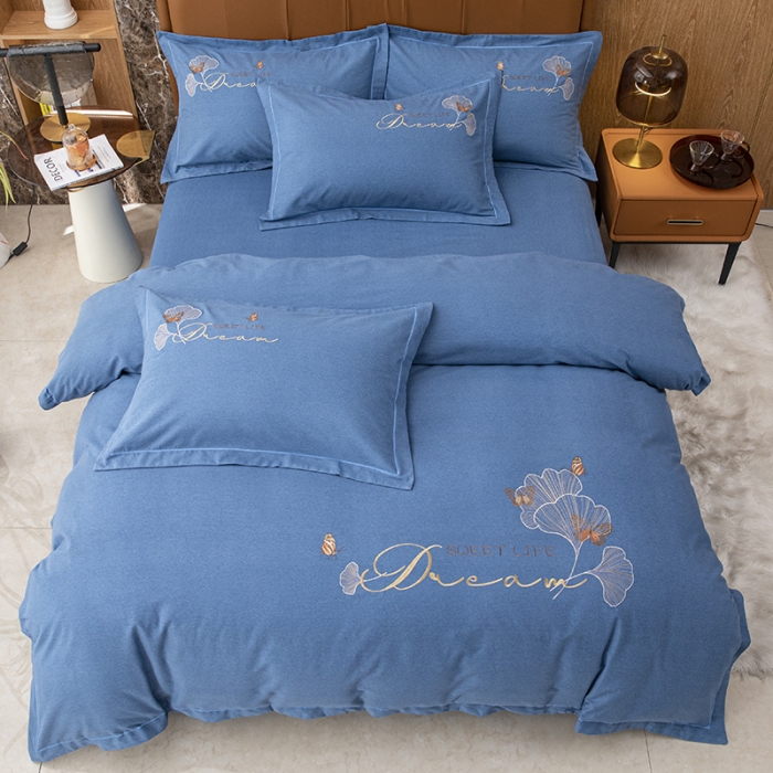 91家纺网 家纺一手货源 找家纺 纽缦 2022新款纯棉磨毛刺绣床单款四件套 锦园春-宝石蓝