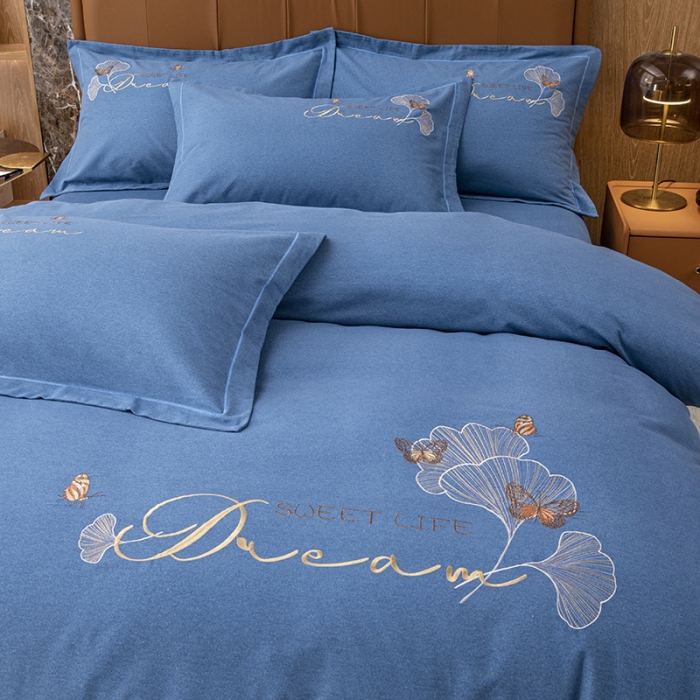 91家纺网 家纺一手货源 找家纺 纽缦 2022新款纯棉磨毛刺绣床单款四件套 锦园春-宝石蓝