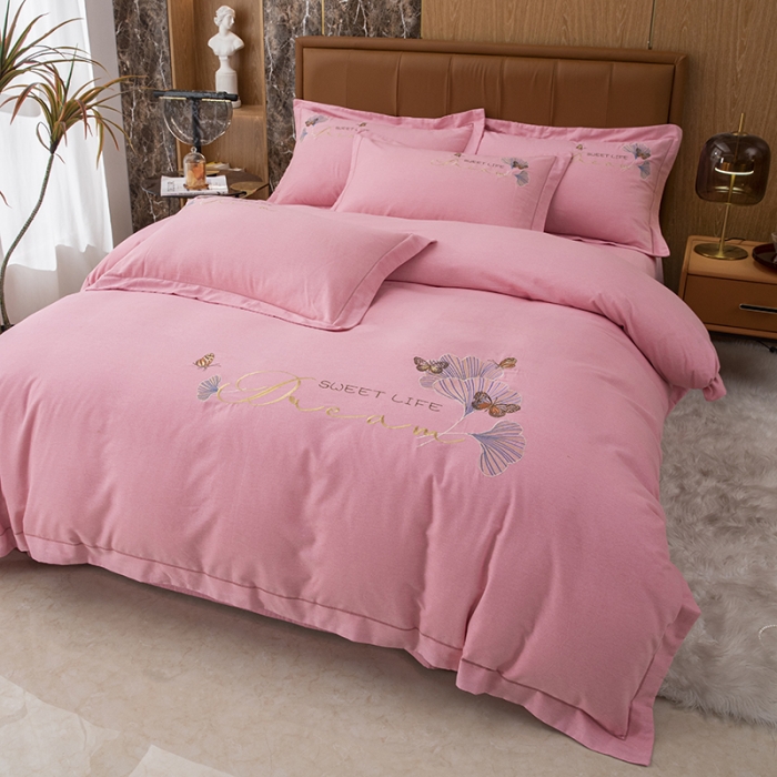 91家纺网 家纺一手货源 找家纺 纽缦 2022新款纯棉磨毛刺绣床单款四件套 锦园春-豆沙粉