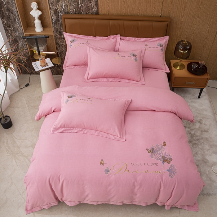 91家纺网 家纺一手货源 找家纺 纽缦 2022新款纯棉磨毛刺绣床单款四件套 锦园春-豆沙粉