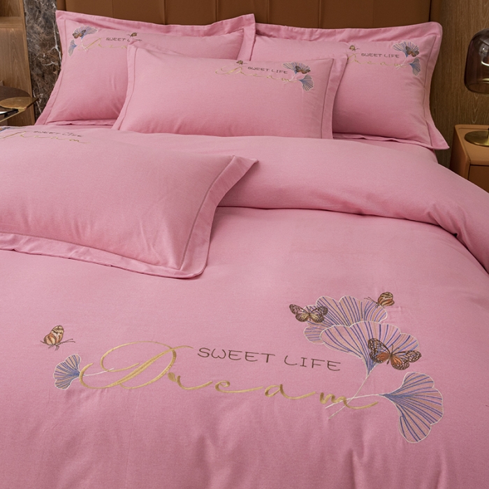 91家纺网 家纺一手货源 找家纺 纽缦 2022新款纯棉磨毛刺绣床单款四件套 锦园春-豆沙粉