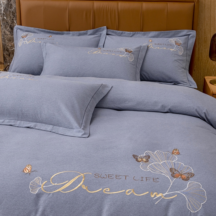 91家纺网 家纺一手货源 找家纺 纽缦 2022新款纯棉磨毛刺绣床单款四件套 锦园春-高级灰