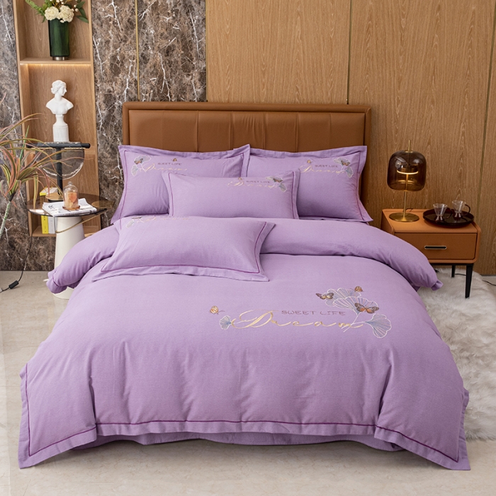 91家纺网 家纺一手货源 找家纺 纽缦 2022新款纯棉磨毛刺绣床单款四件套 锦园春-梦幻紫