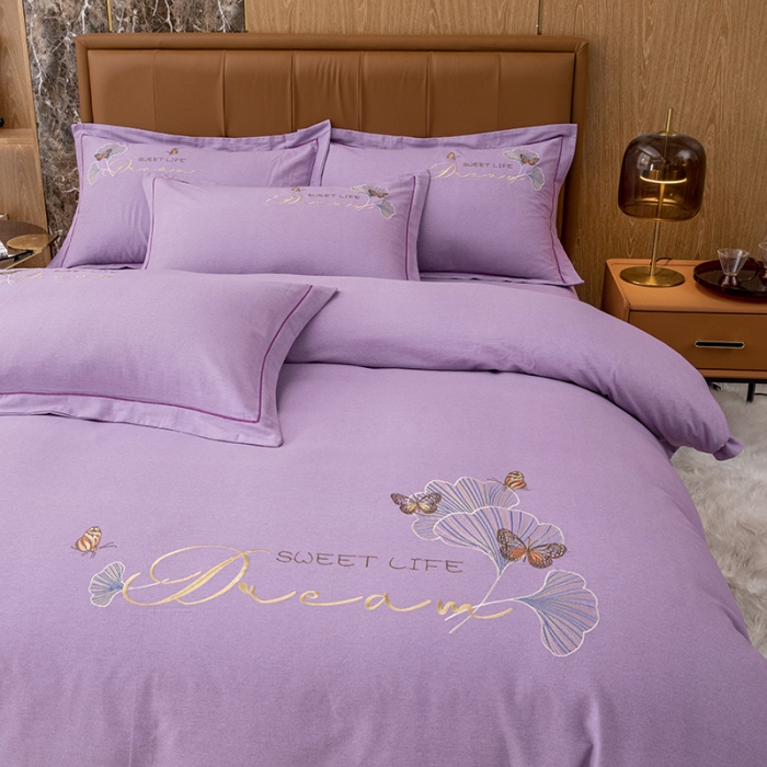 91家纺网 家纺一手货源 找家纺 纽缦 2022新款纯棉磨毛刺绣床单款四件套 锦园春-梦幻紫