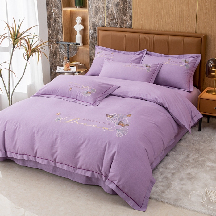 91家纺网 家纺一手货源 找家纺 纽缦 2022新款纯棉磨毛刺绣床单款四件套 锦园春-梦幻紫