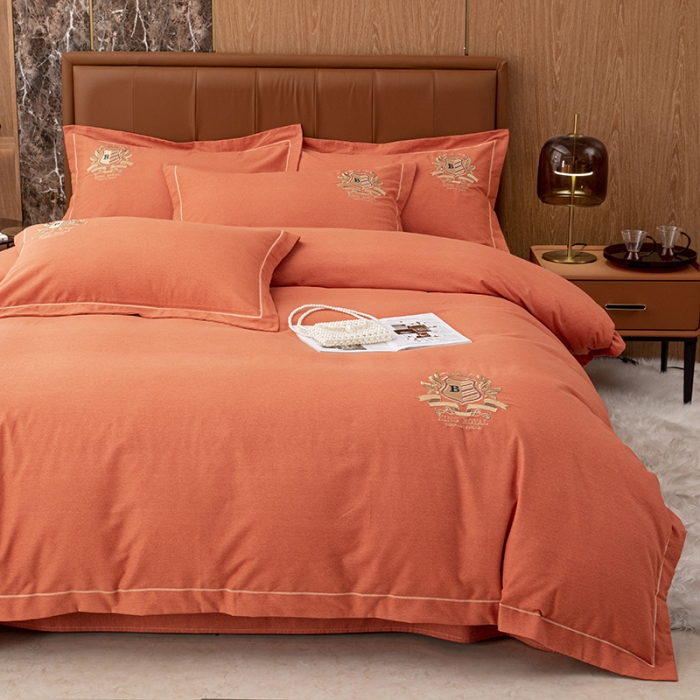91家纺网 家纺一手货源 找家纺 纽缦 2022新款纯棉磨毛刺绣床单款四件套 满朝欢-爱马橙