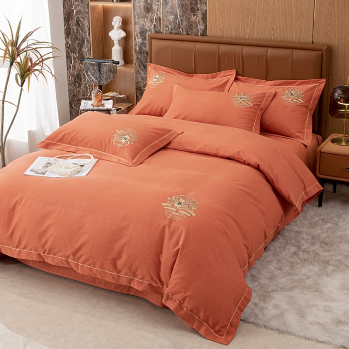 91家纺网 家纺一手货源 找家纺 纽缦 2022新款纯棉磨毛刺绣床单款四件套 满朝欢-爱马橙