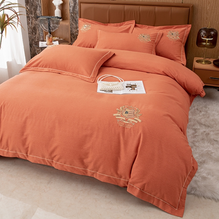 91家纺网 家纺一手货源 找家纺 纽缦 2022新款纯棉磨毛刺绣床单款四件套 满朝欢-爱马橙