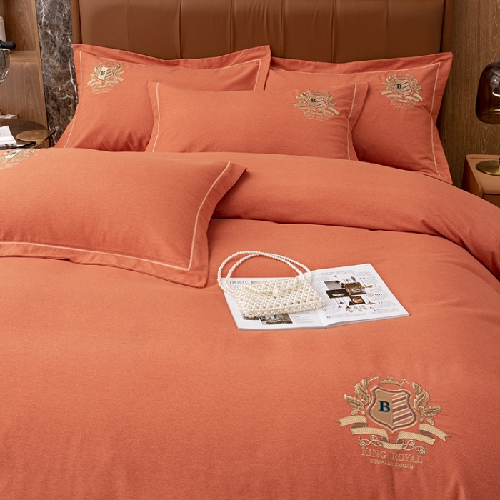 91家纺网 家纺一手货源 找家纺 纽缦 2022新款纯棉磨毛刺绣床单款四件套 满朝欢-爱马橙